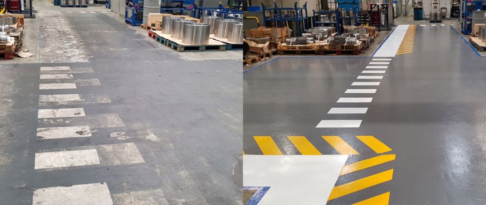 Reparación, pintado y marcaje de suelo mediante señalización de seguridad en nave industrial en Gipuzkoa