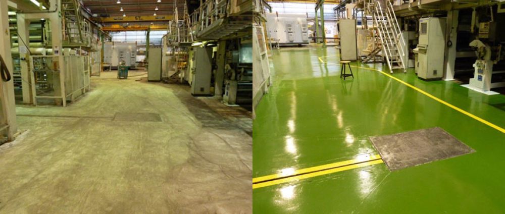 Reparación de pavimento de resina antiguo y pintado con poliuretano en empresa de Navarra