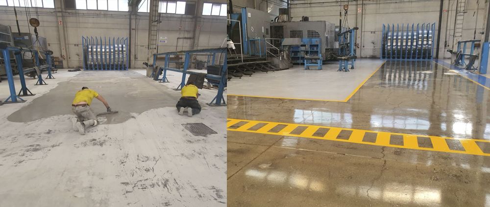 Reparación de suelo y pintado con resina poliuretano transparente en nave industrial de Idiazabal | Gipuzkoa