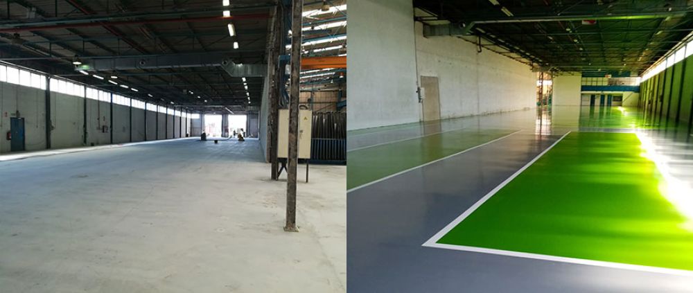 Preparación y pintado de pavimento con resina poliuretano en nave industrial de Vitoria