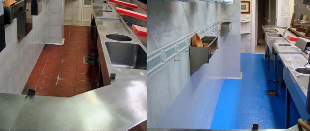 Impermeabilización sobre baldosa y pintado con acabado antideslizante y pintado de paredes para pescadería en Gipuzkoa