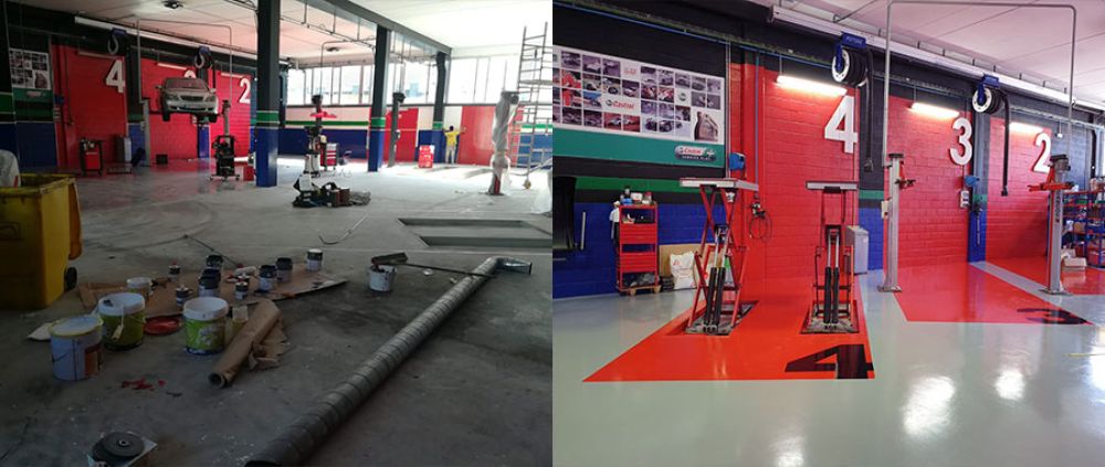 Reparación y pintado de suelo para taller mecánico con resina de poliuretano en Donostia