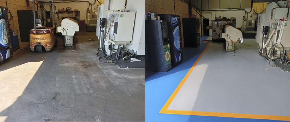 Pintado de pavimento con resina de poliuretano y señalización de zonas de uso mixto en entrada de nave industrial en Durango (Bizkaia)