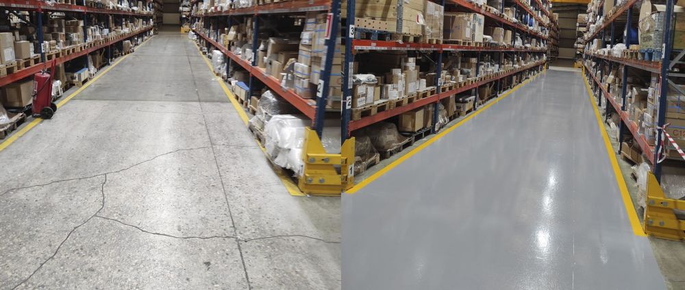 Pintado del pavimento en nave industrial con resina poliuretano y marcaje de suelo mediante señalización Alsasua | Navarra