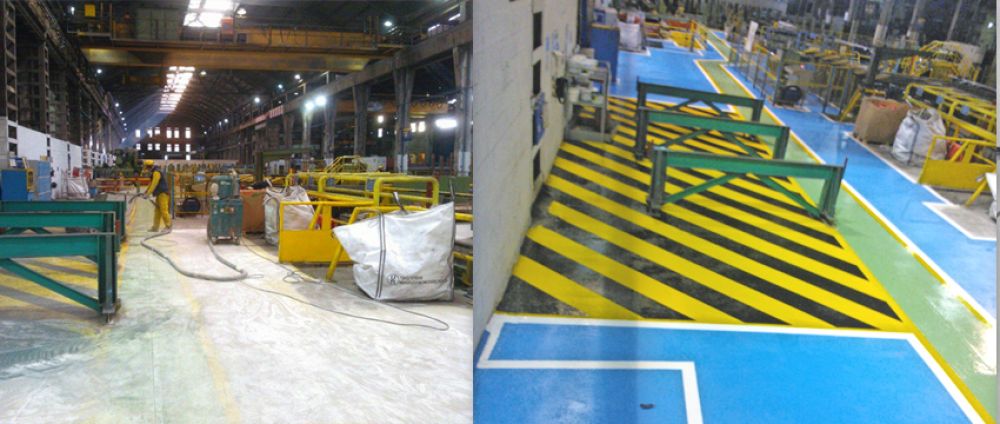 Reparación y pintado de pavimento y marcaje de suelo mediante señalización para fabrica de laminación en Gipuzkoa.