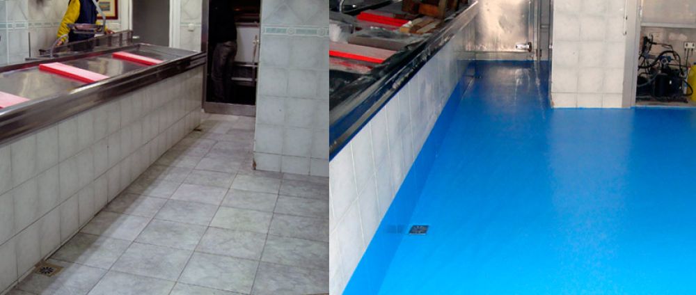 Impermeabilizacion sobre baldosa y pintado con acabado multicapa antideslizante para pescadería en Gipuzkoa