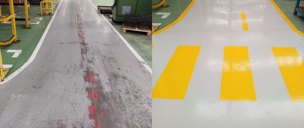 Rehabilitación de pasillo industrial: pavimento renovado y señalización visible